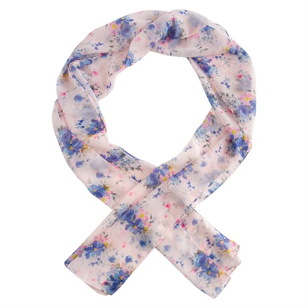 Sifonszerű sál világos rózsaszín alapon virágmintával